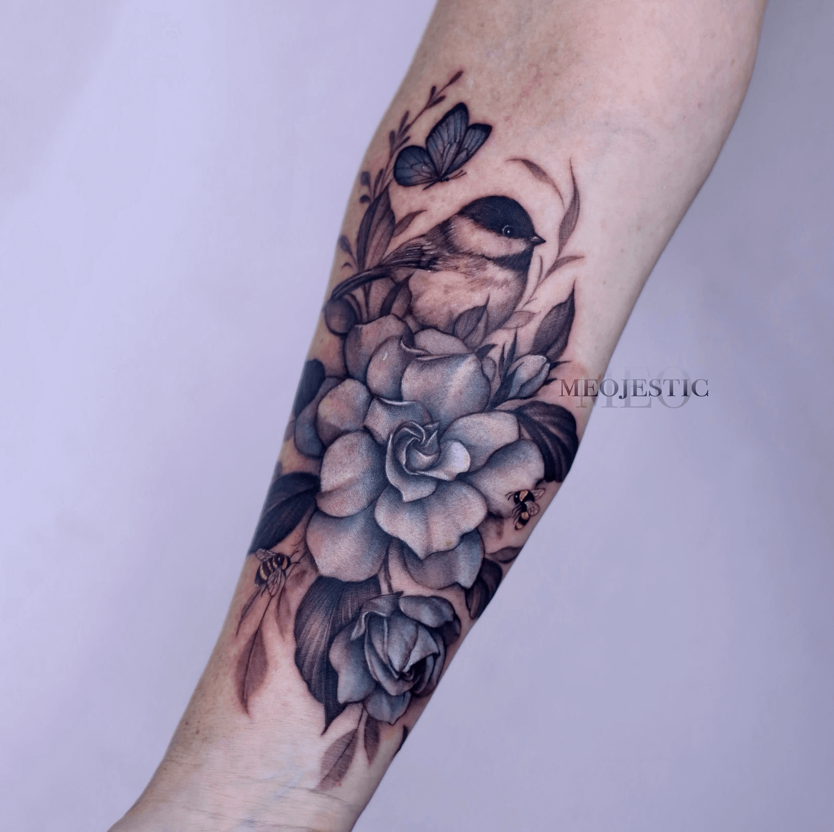 bird black and gray style tattoo by Meo