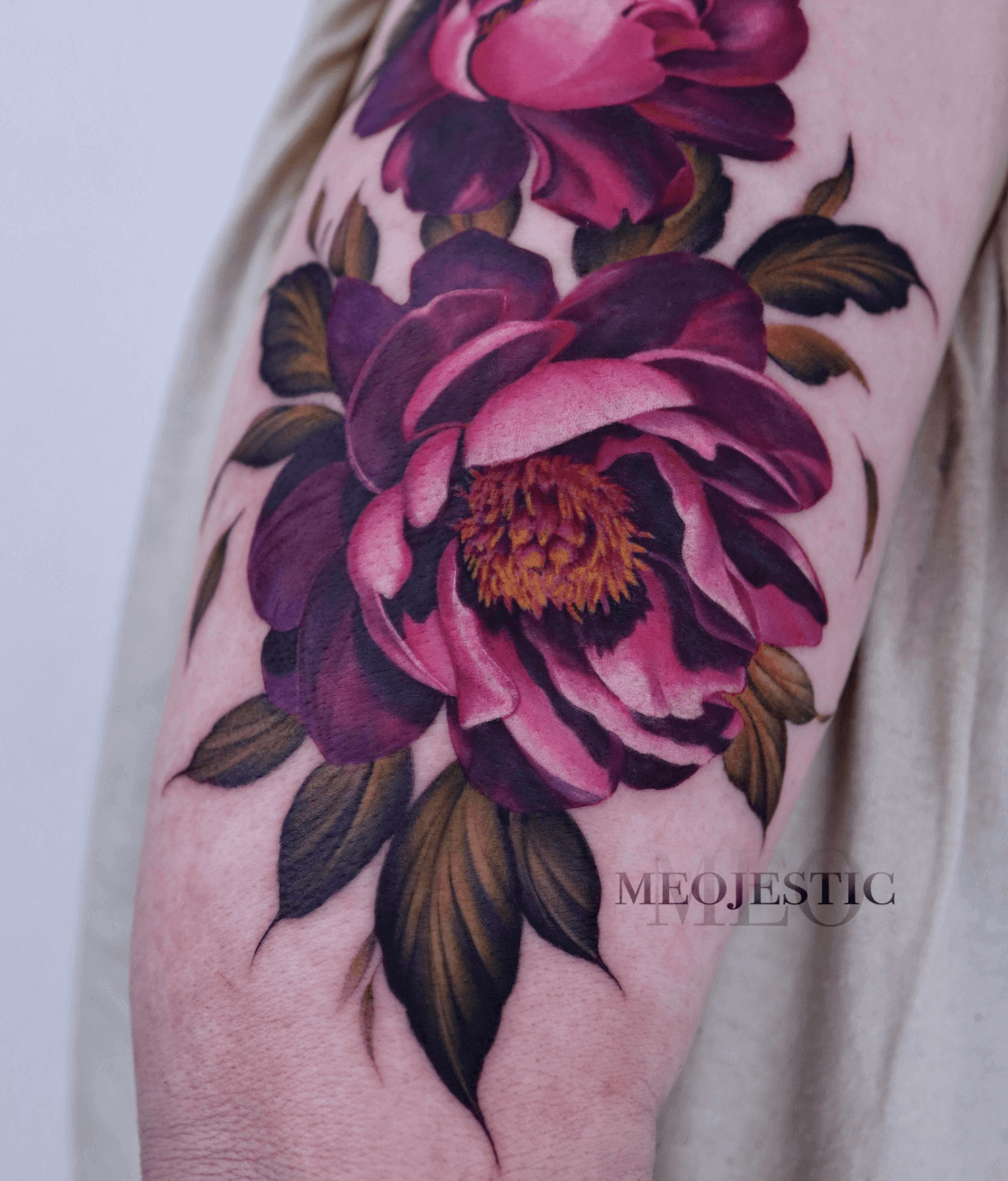 flower and peony color realism style tattoo by Meo