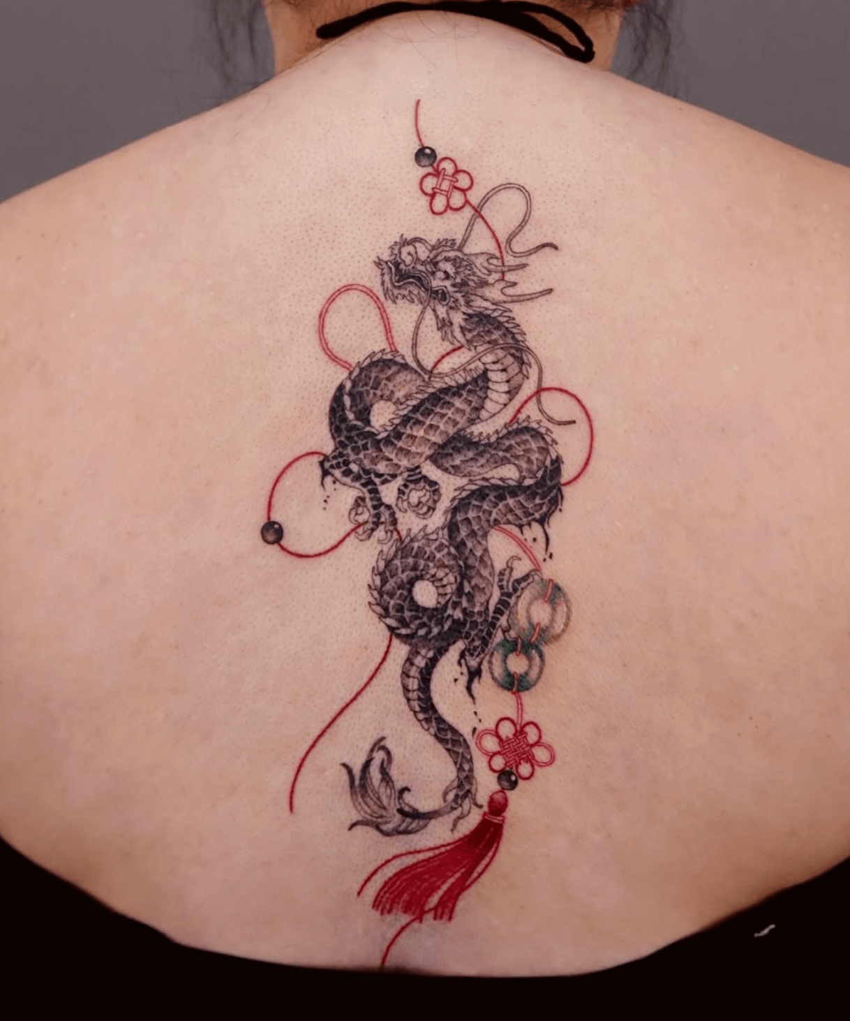 dragon fine line style tattoo by Mina