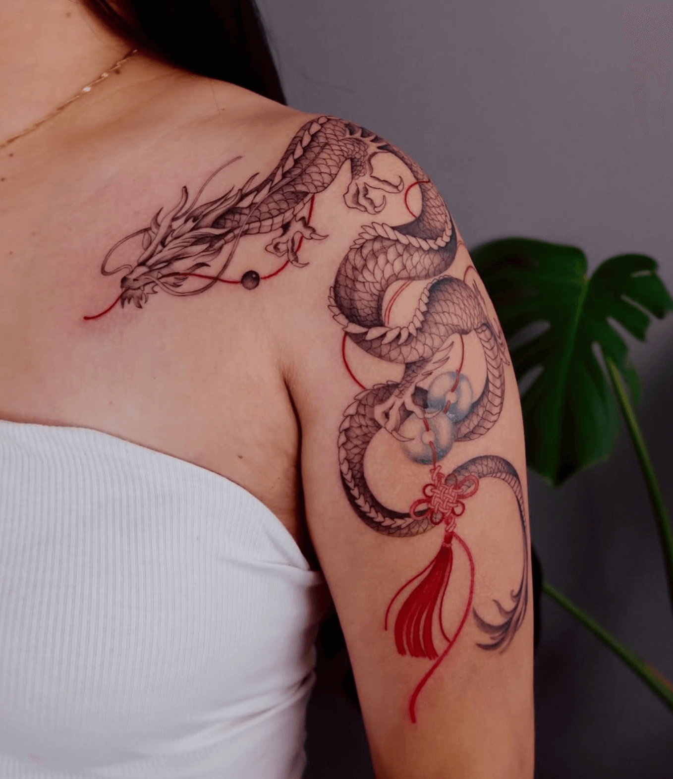 dragon fine line style tattoo by Mina