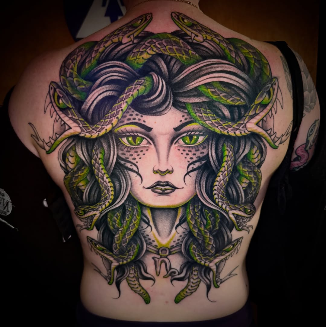 medusa and snake illustrative style tattoo by Billy Darr