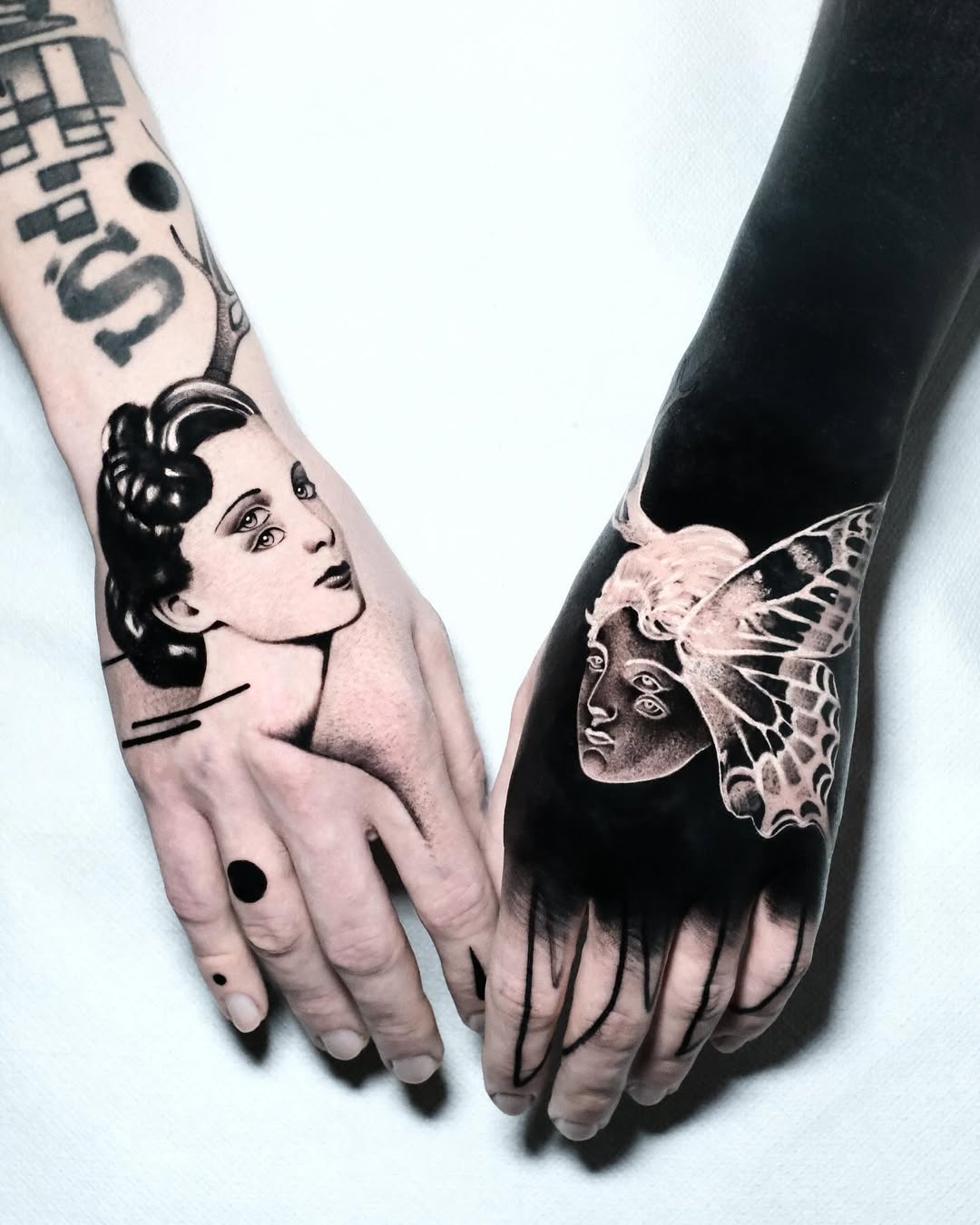 butterfly wing and face surrealism style tattoo by Matteo Nangeroni