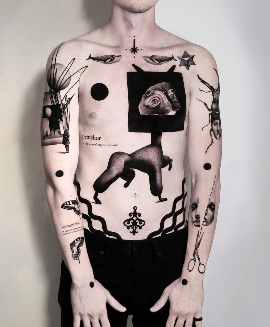 circle and figure surrealism style tattoo by Matteo Nangeroni