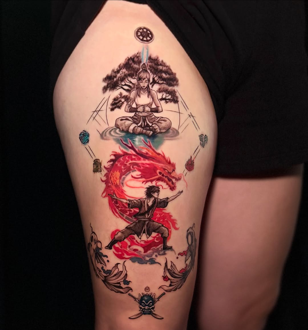mask and koi fish anime style tattoo by Ksu Storm