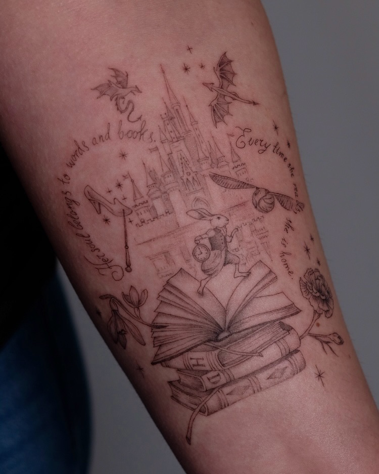 snitch and wand fine line style tattoo by Vica