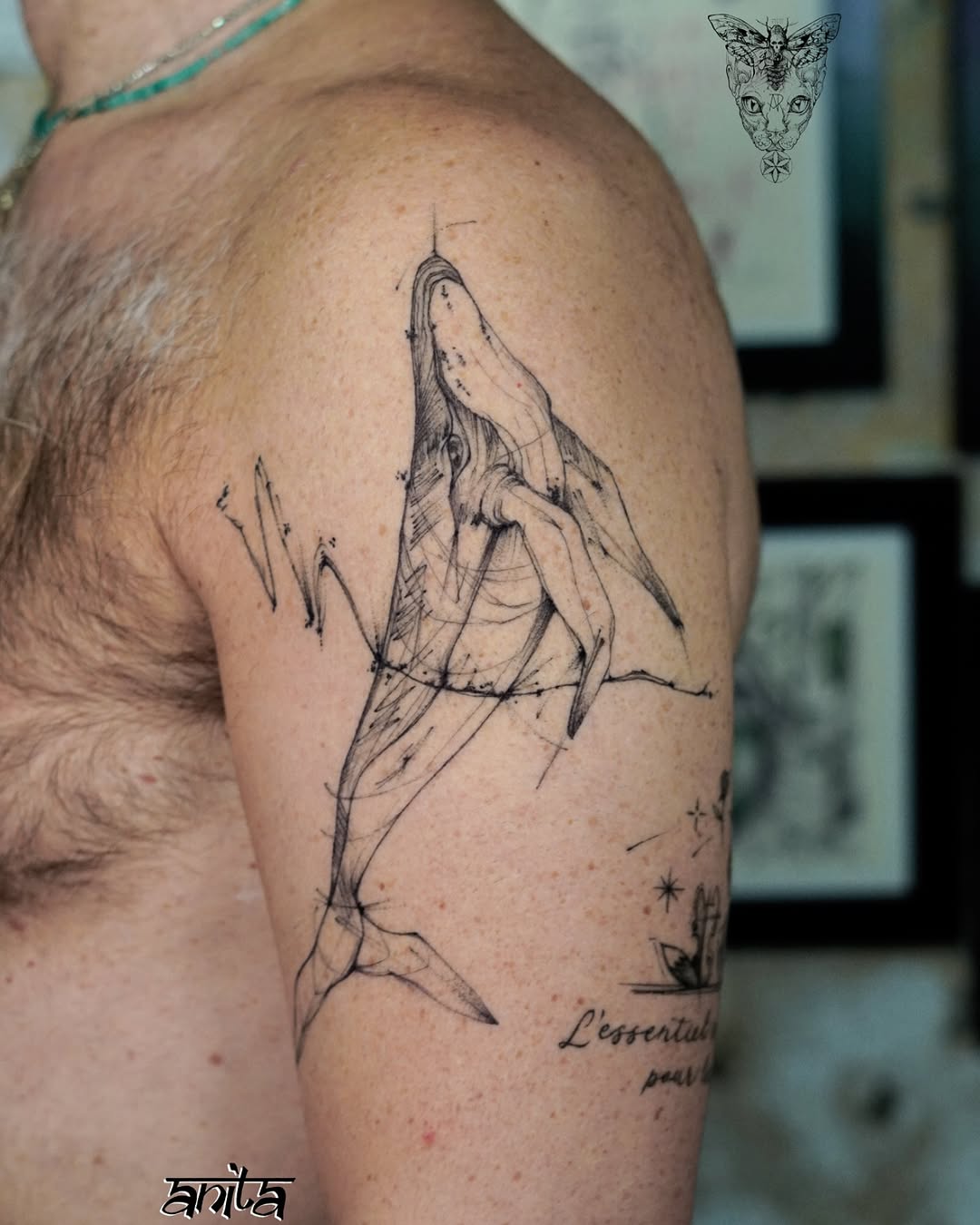 whale and cactus sketchy style tattoo by Anita Rossi