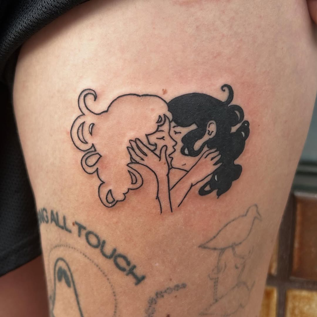 person and figure line work style tattoo by nana esguerra