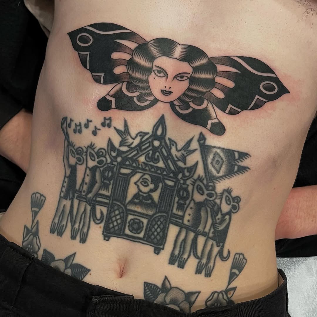 person and palanquin traditional style tattoo by Grass