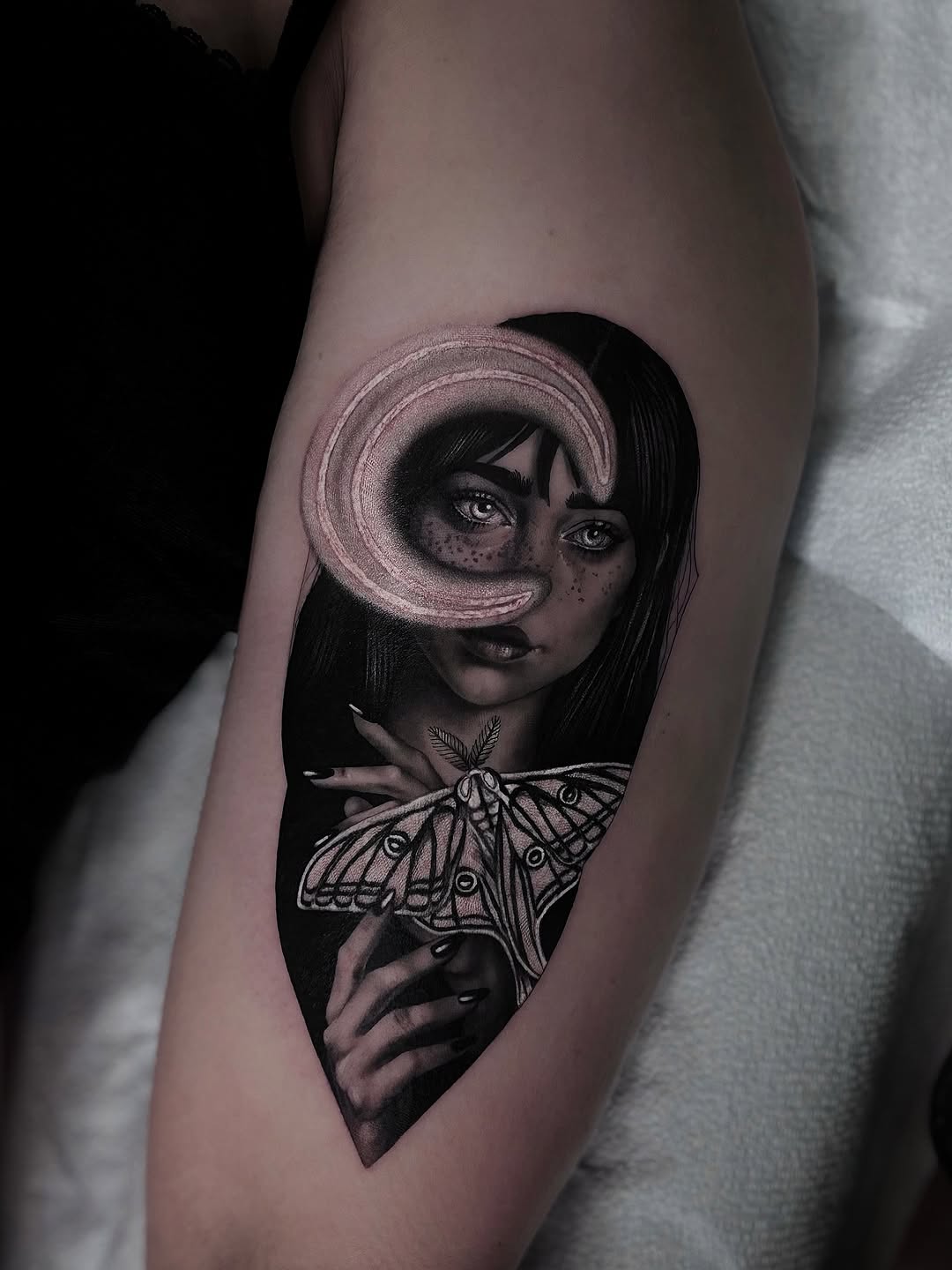 moth and woman realism style tattoo by Rhianna Helfman