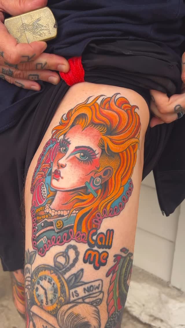 banner and telephone neo-traditional style tattoo by Dresden