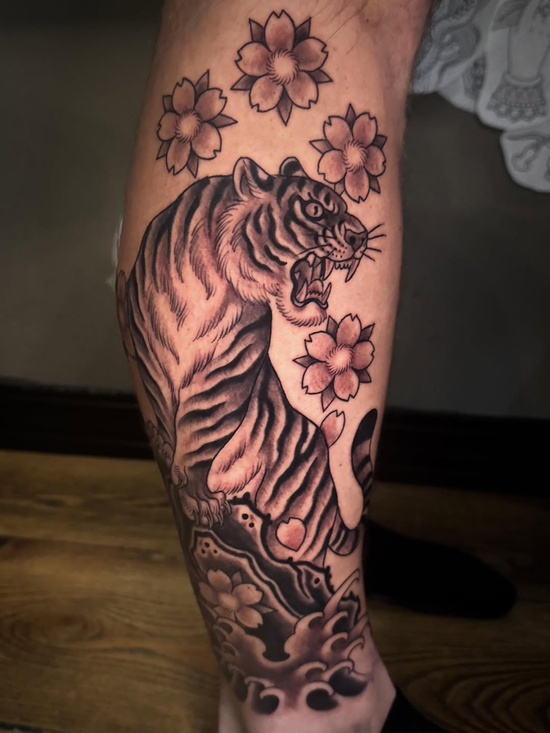 Roaring Tiger with Cherry Blossoms
