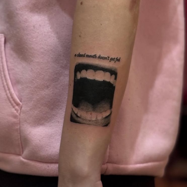 quote and mouth realism style tattoo by SEVYNpokes 777