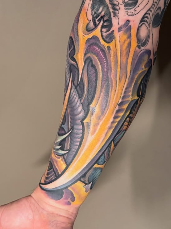 organic shape and abstract form biomechanical style tattoo by Ron Earhart