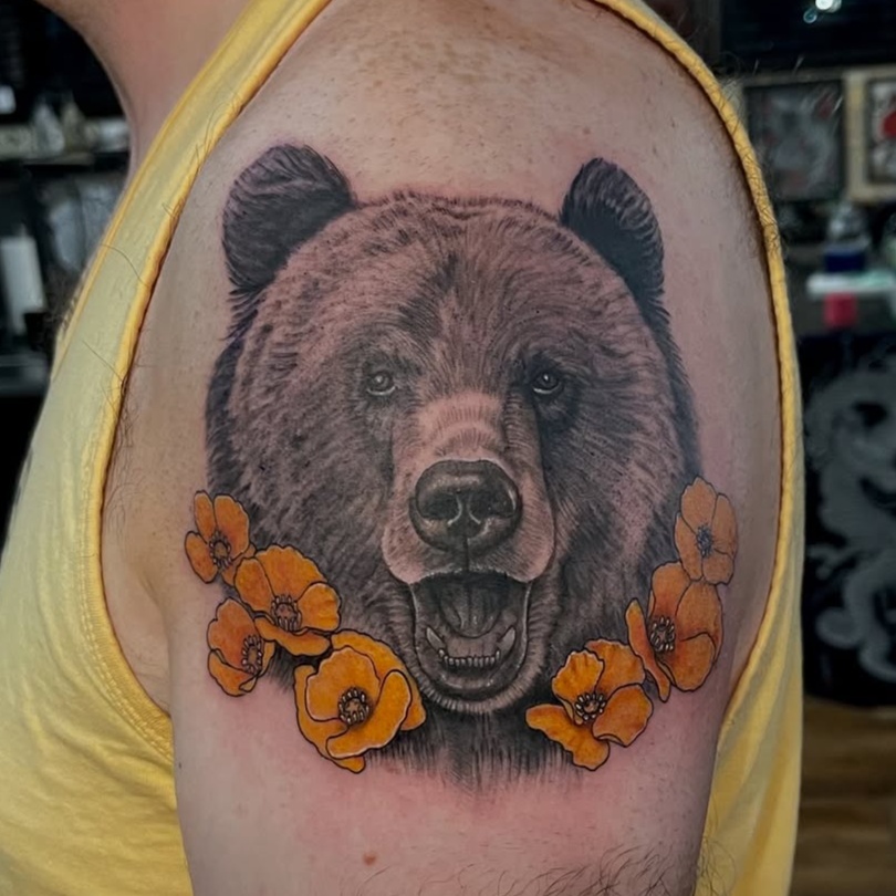 Roaring Grizzly with Poppies