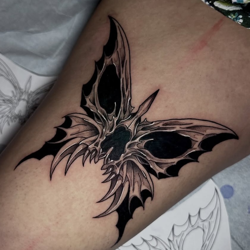 butterfly and abstract form dark art style tattoo by BRIAN DresRios